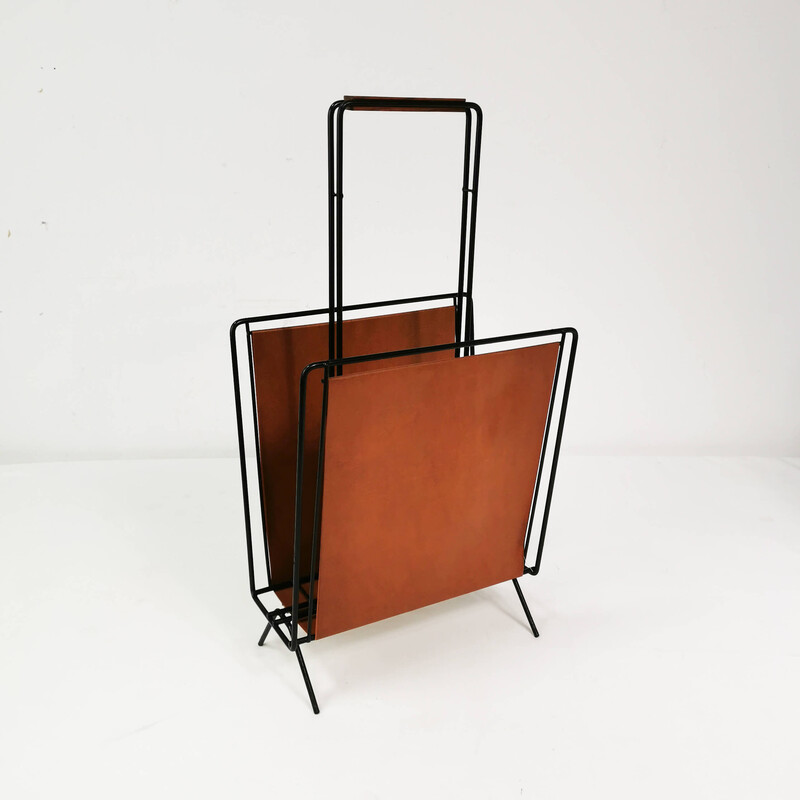 Vintage metal and teak wood magazine rack, Germany 1970s