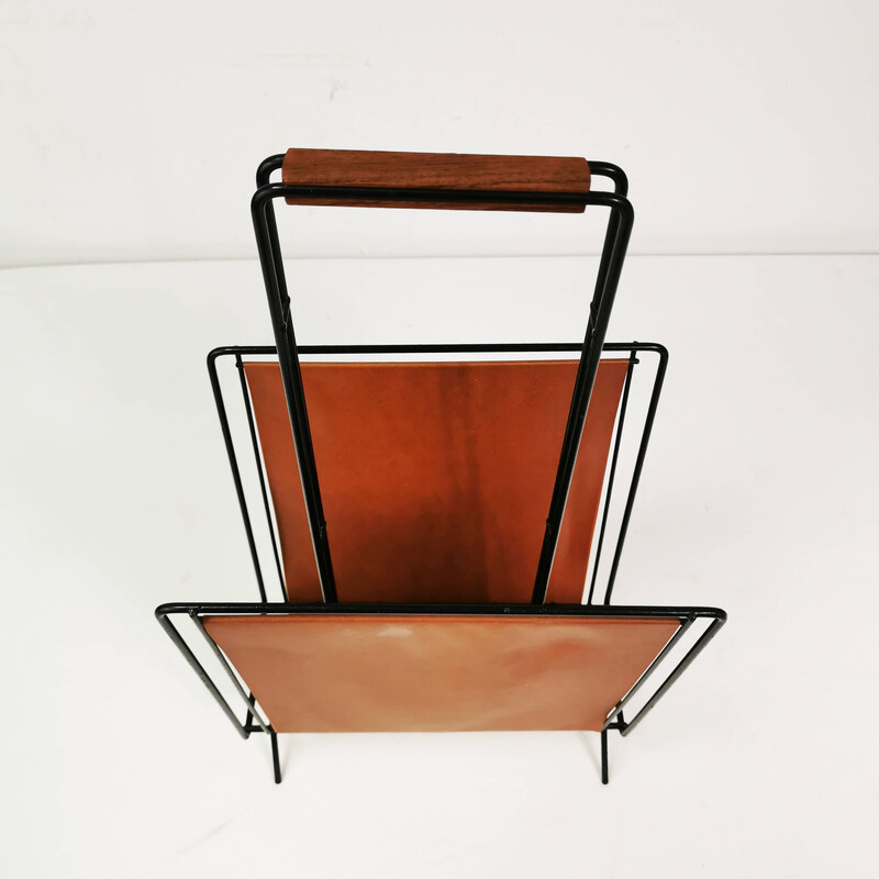 Vintage metal and teak wood magazine rack, Germany 1970s