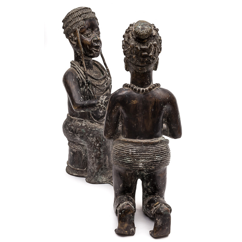 Paar Vintage-Statuen "l'offrande de cauris" aus Bronze, Benin 1950