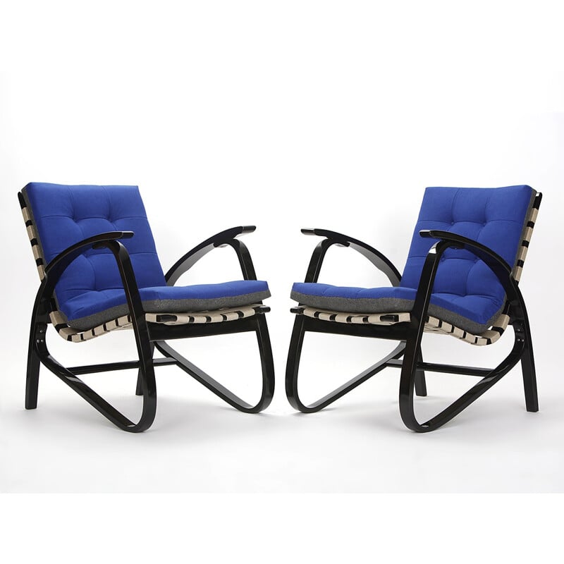 Pair of vintage beechwood and blue fabric armchairs by Jan Vanek, 1930