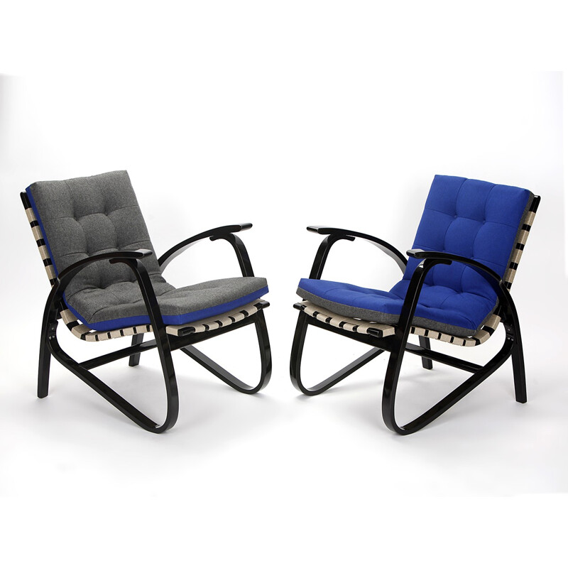 Paire de fauteuils en hêtre et tissu bleu, Jan VANEK - 1930