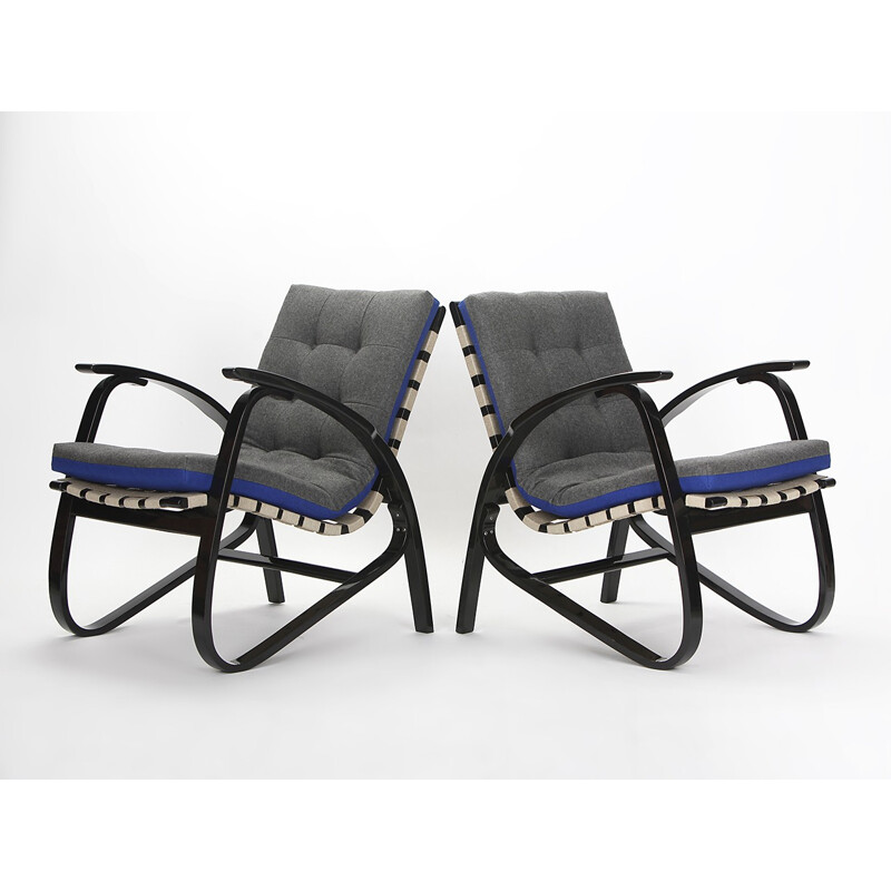Paar vintage beukenhouten en blauwe stoffen fauteuils van Jan Vanek, 1930