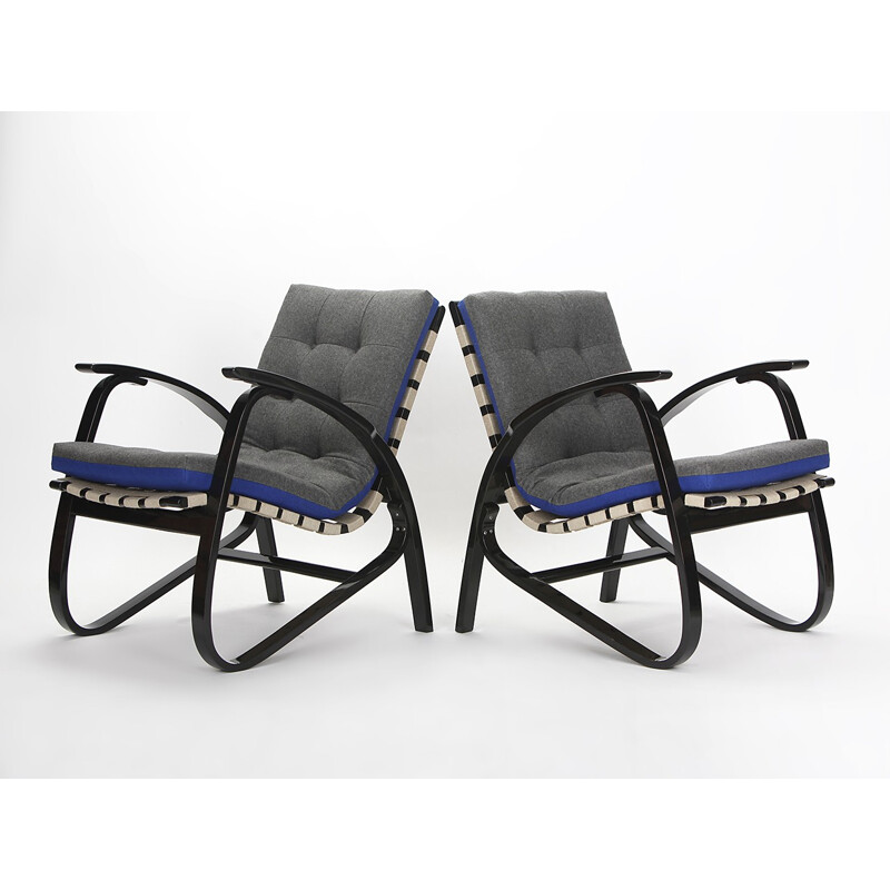 Pair of vintage beechwood and blue fabric armchairs by Jan Vanek, 1930