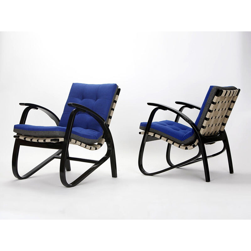 Paire de fauteuils vintage en hêtre et tissu bleu de Jan Vanek, 1930