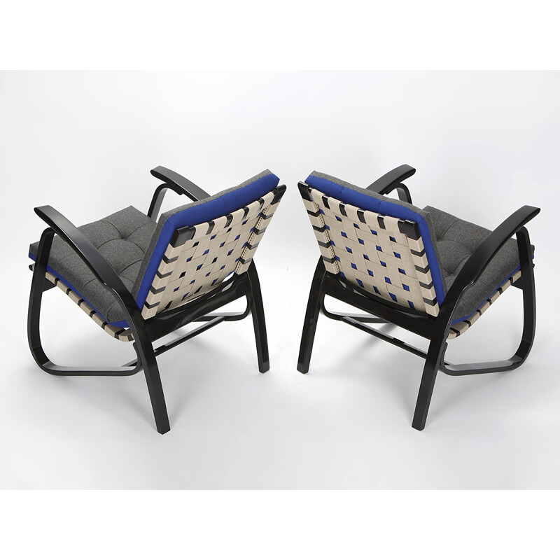 Ein Paar Vintage-Sessel aus Buchenholz und blauem Stoff von Jan Vanek, 1930