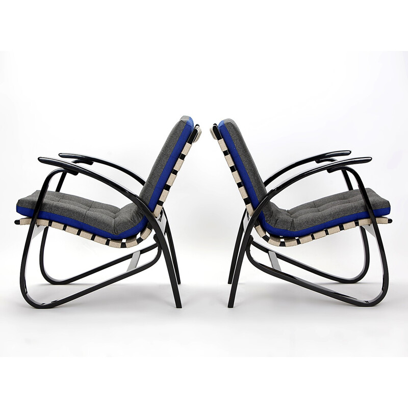 Paar vintage beukenhouten en blauwe stoffen fauteuils van Jan Vanek, 1930