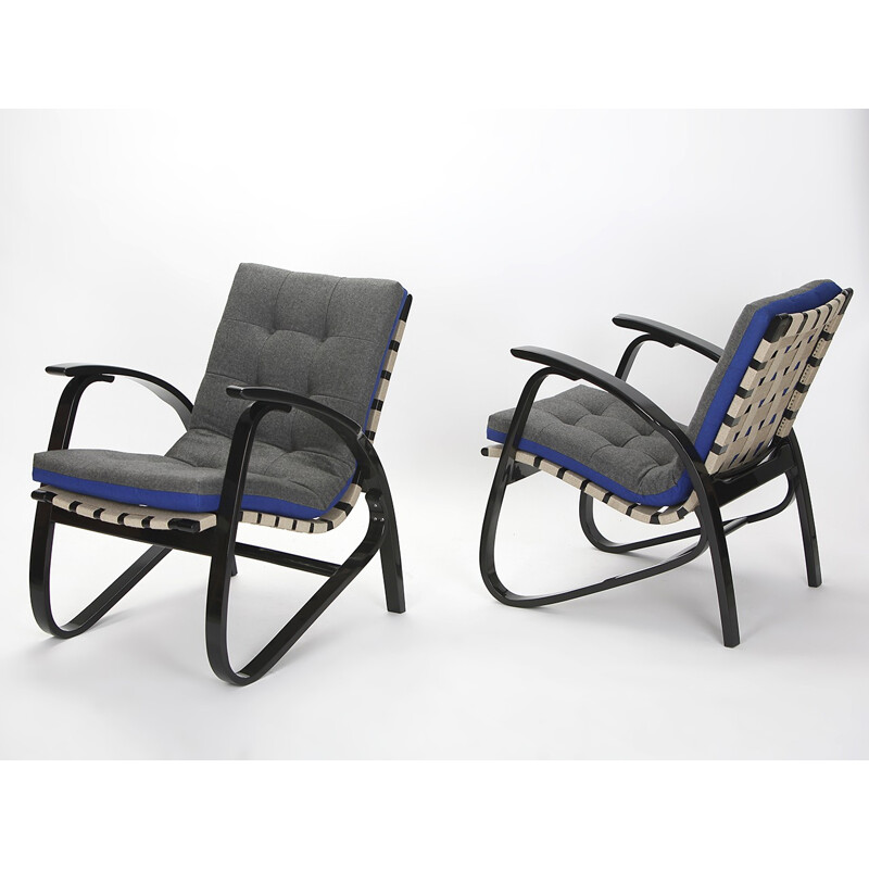 Pair of vintage beechwood and blue fabric armchairs by Jan Vanek, 1930