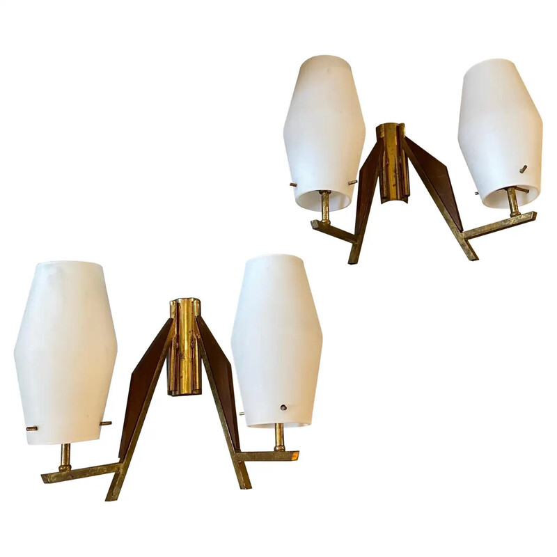 Pair of mid-century teak, brass and glass Italian wall lamps, 1960s