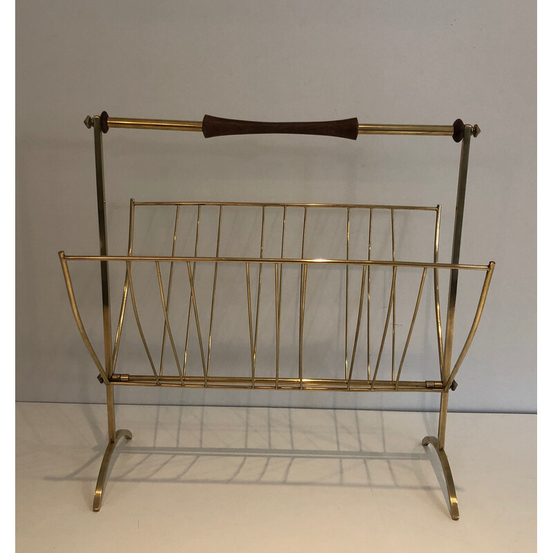 Vintage brass and wood magazine rack, 1960