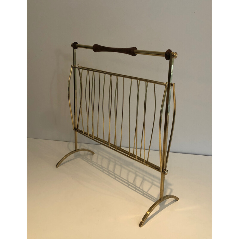 Vintage brass and wood magazine rack, 1960