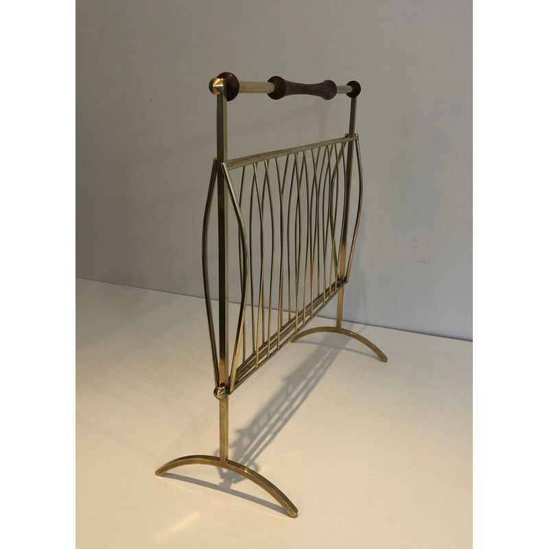 Vintage brass and wood magazine rack, 1960