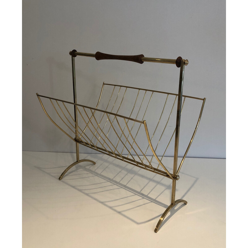 Vintage brass and wood magazine rack, 1960