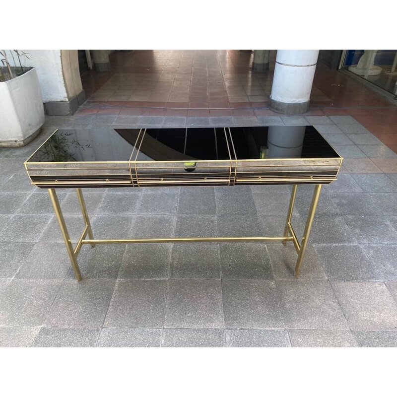 Vintage console in stained glass and brass, Italy 1980s