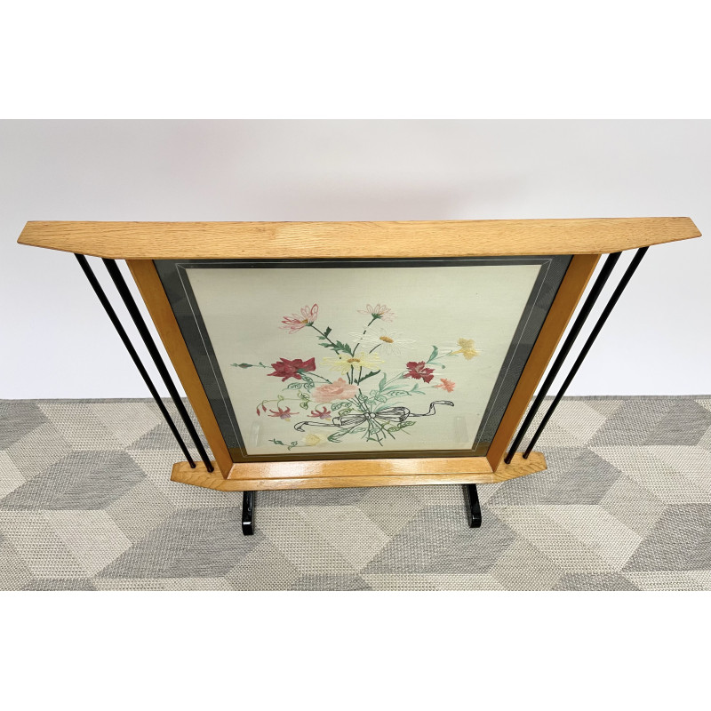 Mid century oak fire screen with embroidery, 1950s