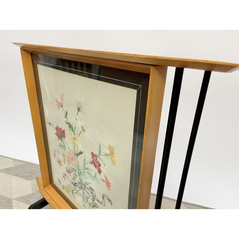 Mid century oak fire screen with embroidery, 1950s