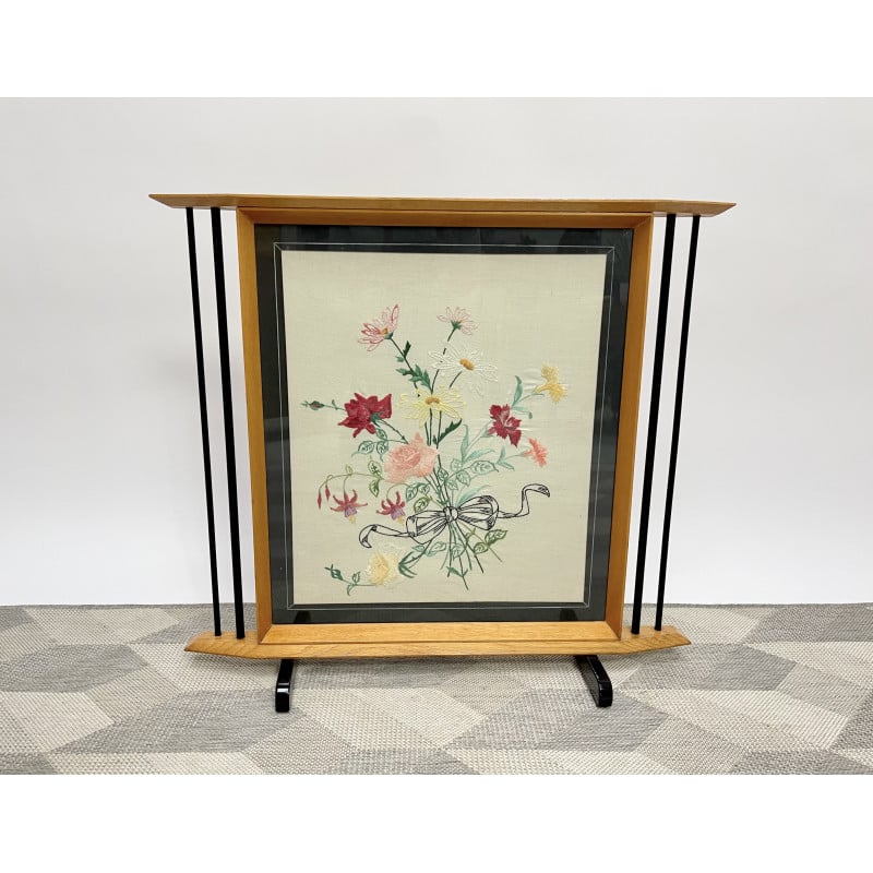 Mid century oak fire screen with embroidery, 1950s