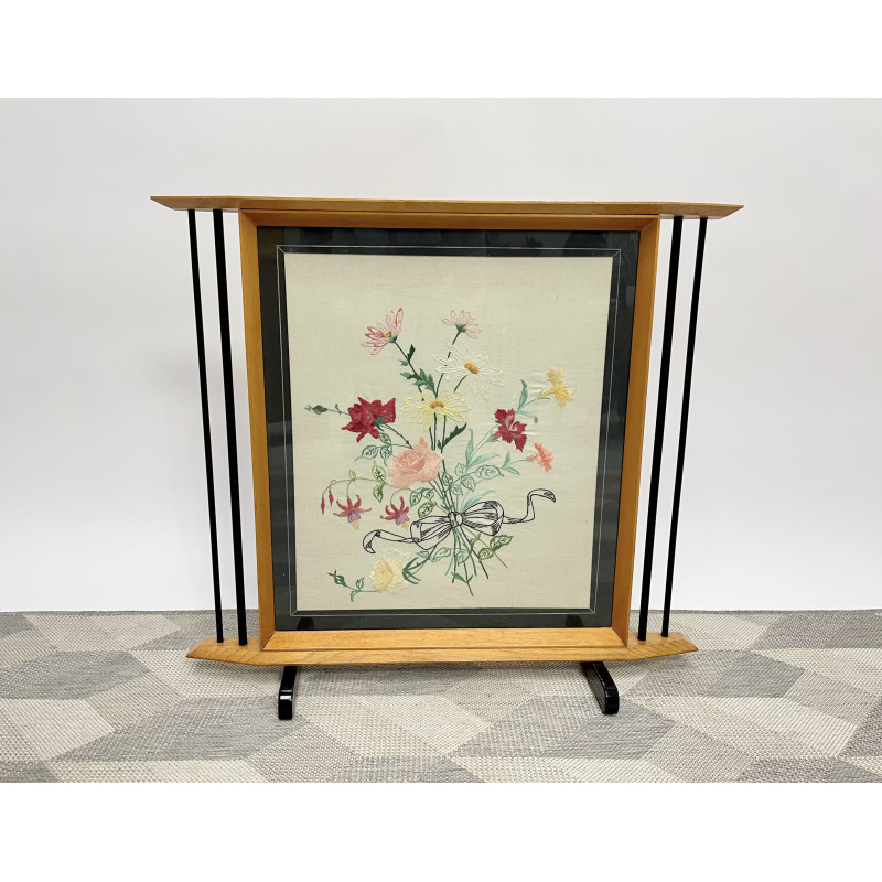 Mid century oak fire screen with embroidery, 1950s