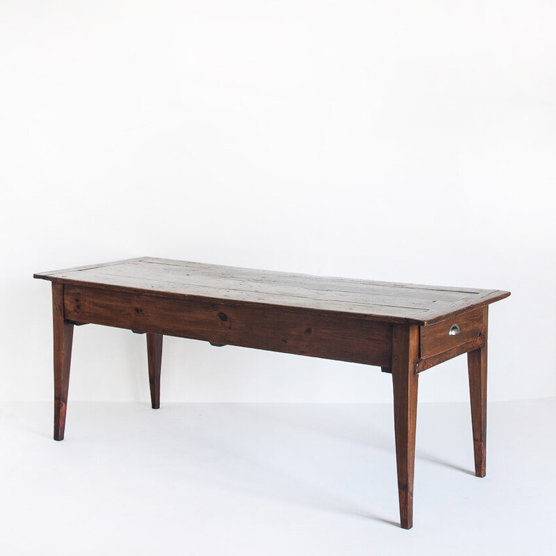 Vintage pine dining table with drawers, France 1920s