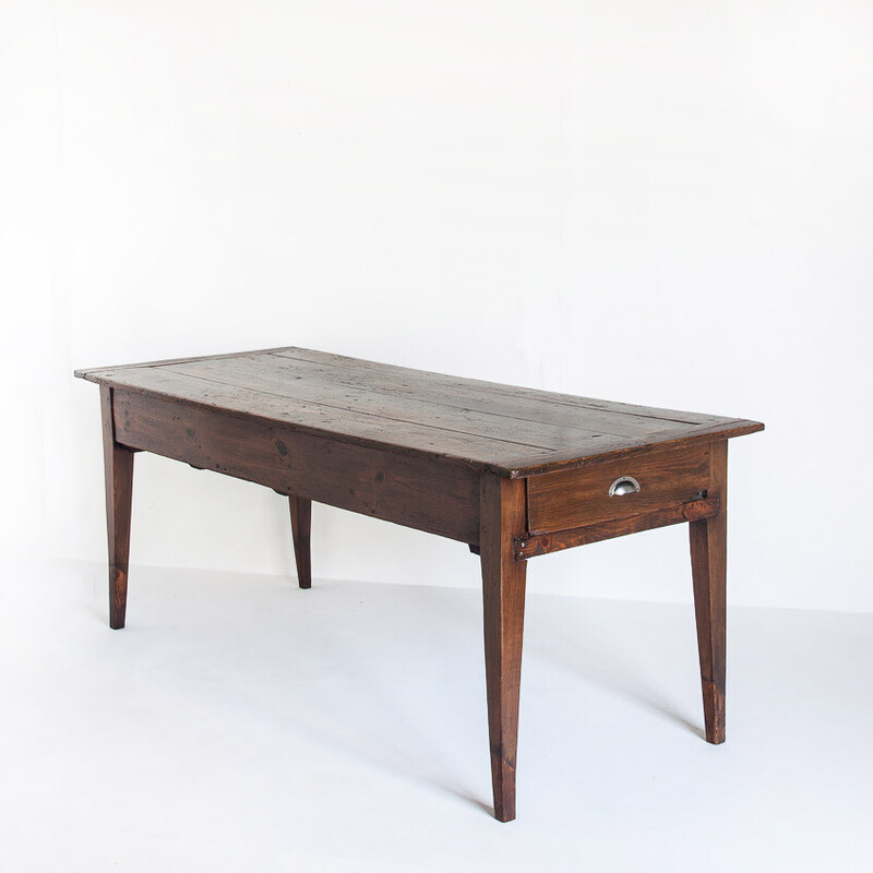 Vintage pine dining table with drawers, France 1920s