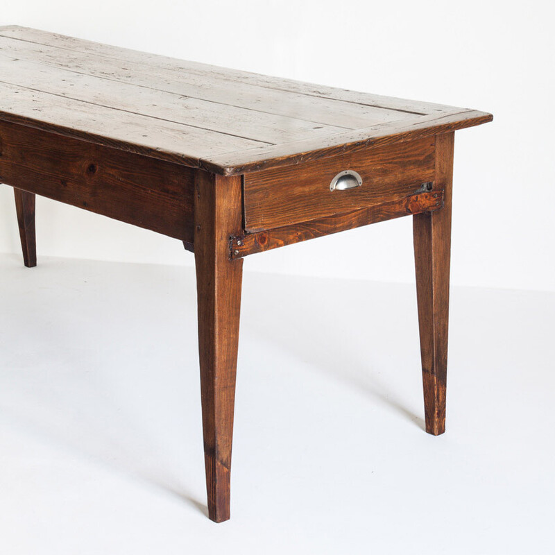 Vintage pine dining table with drawers, France 1920s