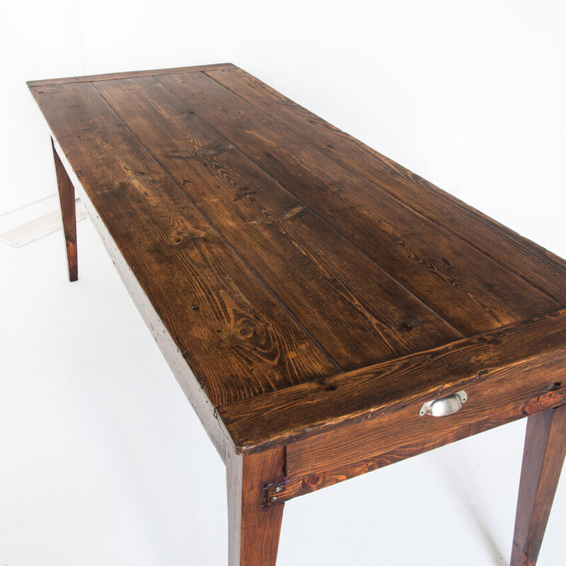 Vintage pine dining table with drawers, France 1920s