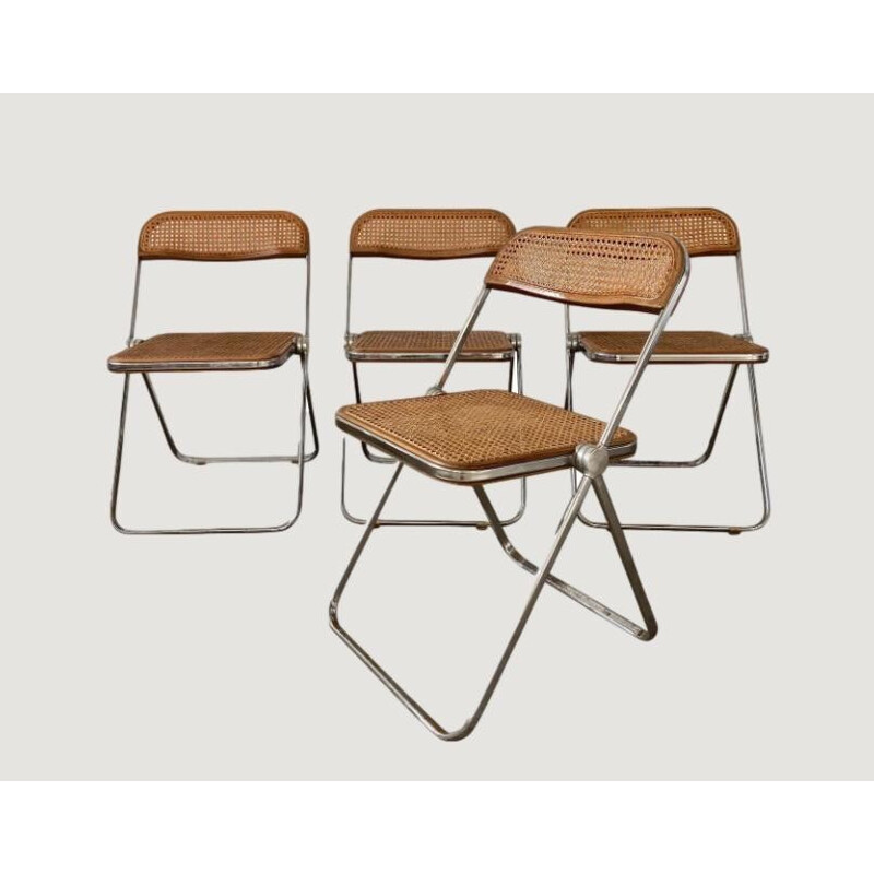 Set of 4 vintage cane folding chairs by Giancarlo Piretti for Anonima Castelli, 1967