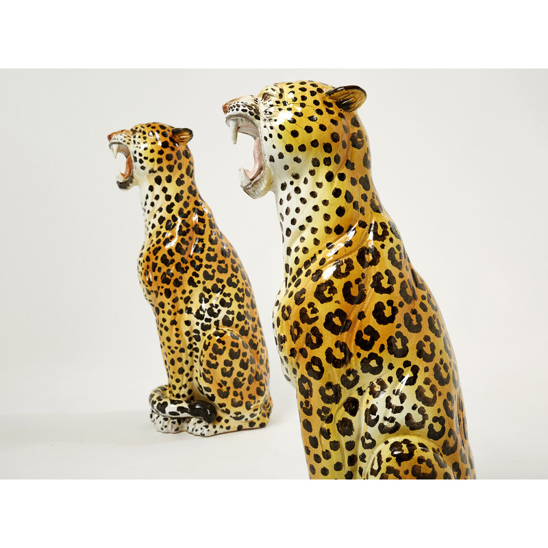 Par de esculturas de leopardos de cerâmica, 1960, femininas e masculinas, vintage