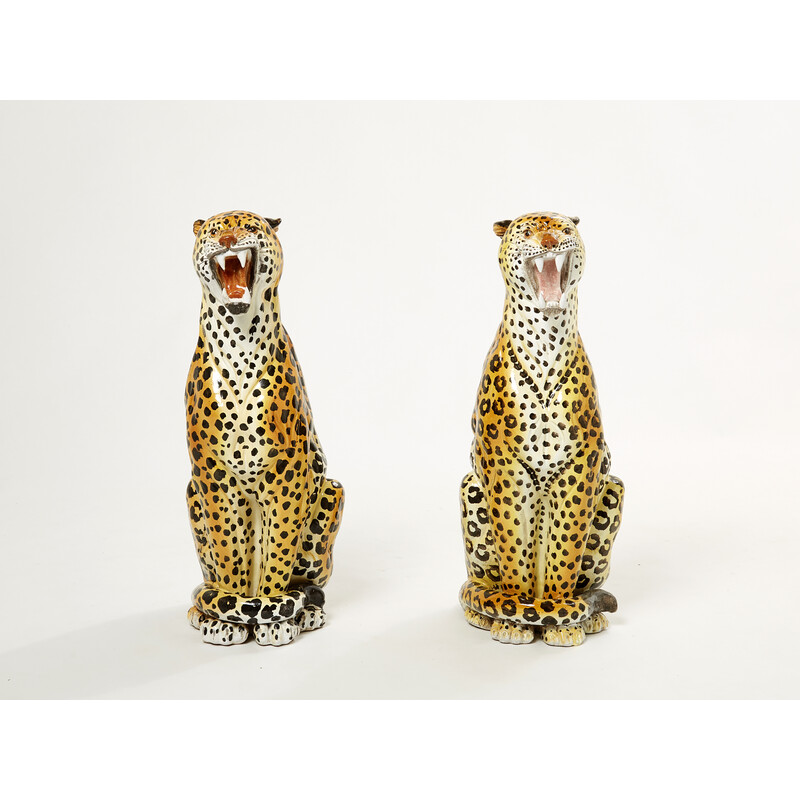 Paar Vintage-Leopardenskulpturen weiblich und männlich aus Keramik, 1960