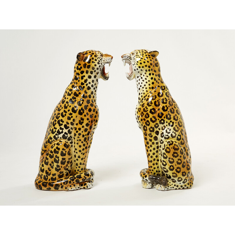 Par de esculturas de leopardos de cerâmica, 1960, femininas e masculinas, vintage