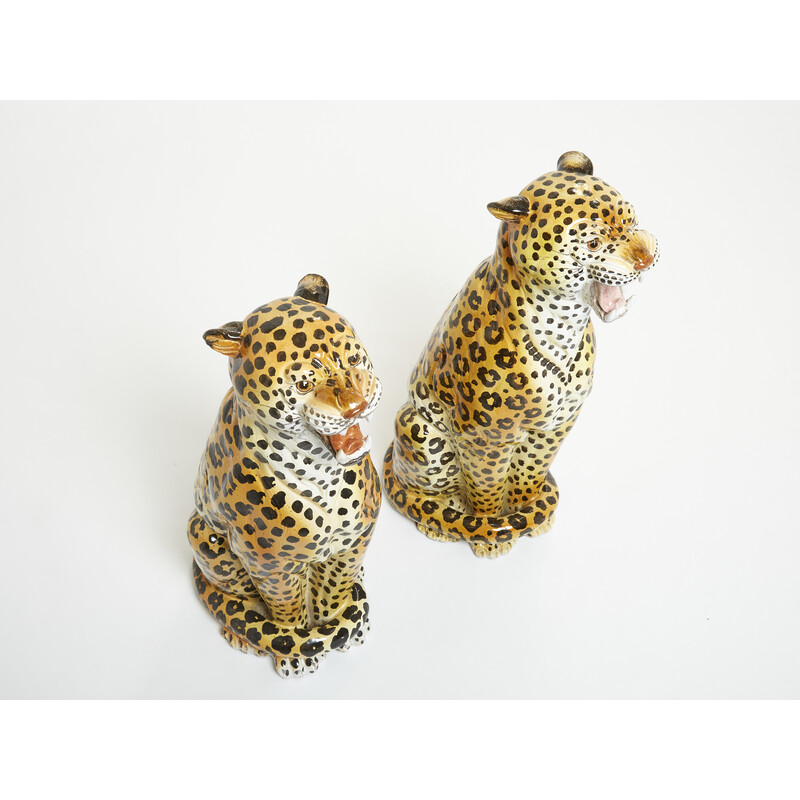 Par de esculturas de leopardos de cerâmica, 1960, femininas e masculinas, vintage