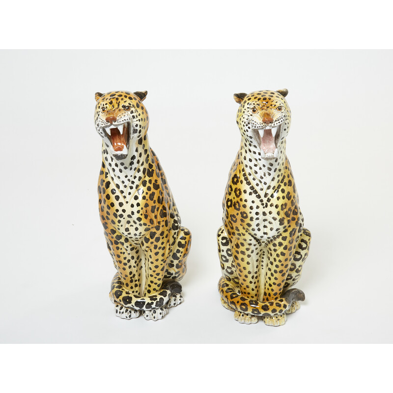 Par de esculturas de leopardos de cerâmica, 1960, femininas e masculinas, vintage