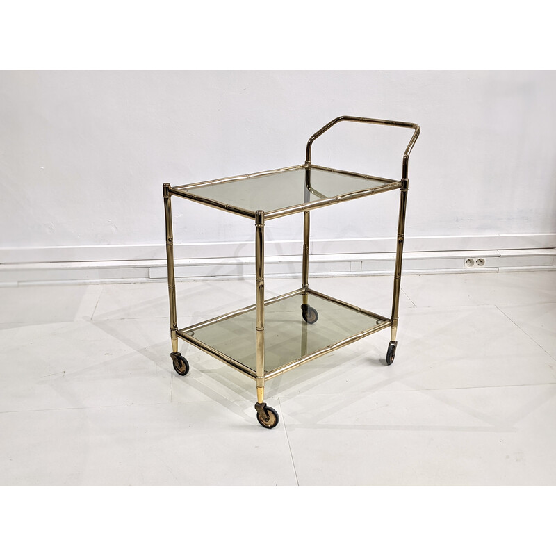 "Faux bamboo" vintage serving table in gold metal with stained glass trays