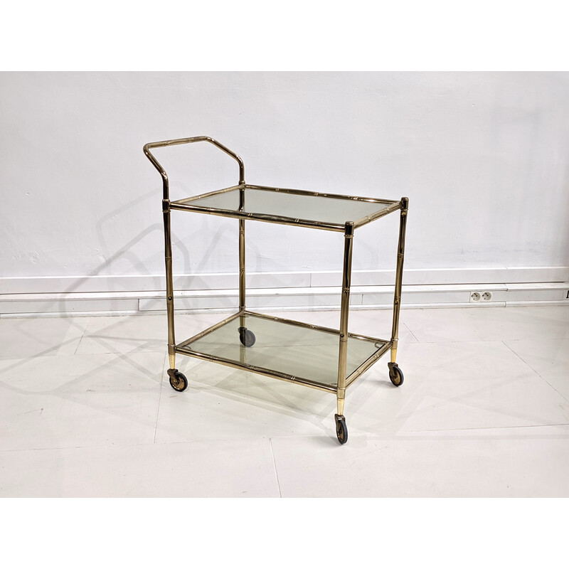 "Faux bamboo" vintage serving table in gold metal with stained glass trays