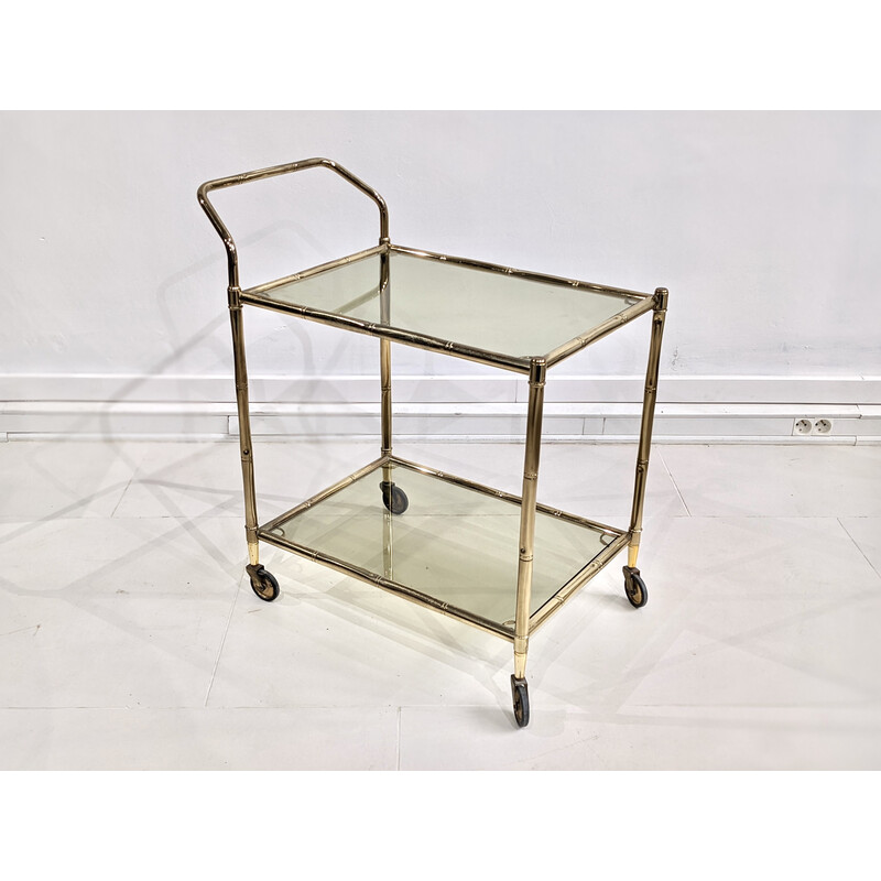 Faux bamboe" vintage dressoir in goud metaal met glas in lood planken