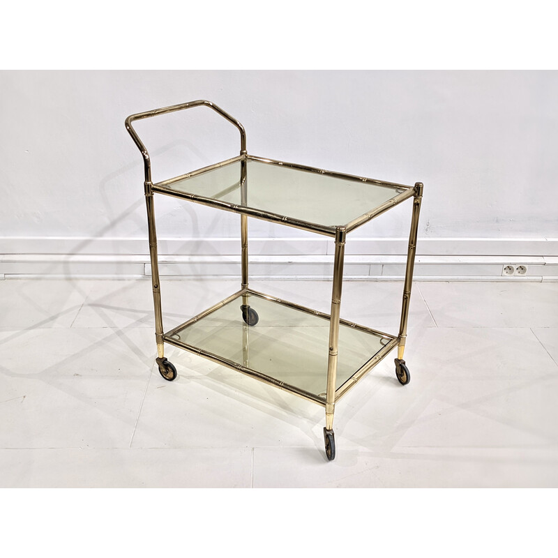 "Faux bamboo" vintage serving table in gold metal with stained glass trays