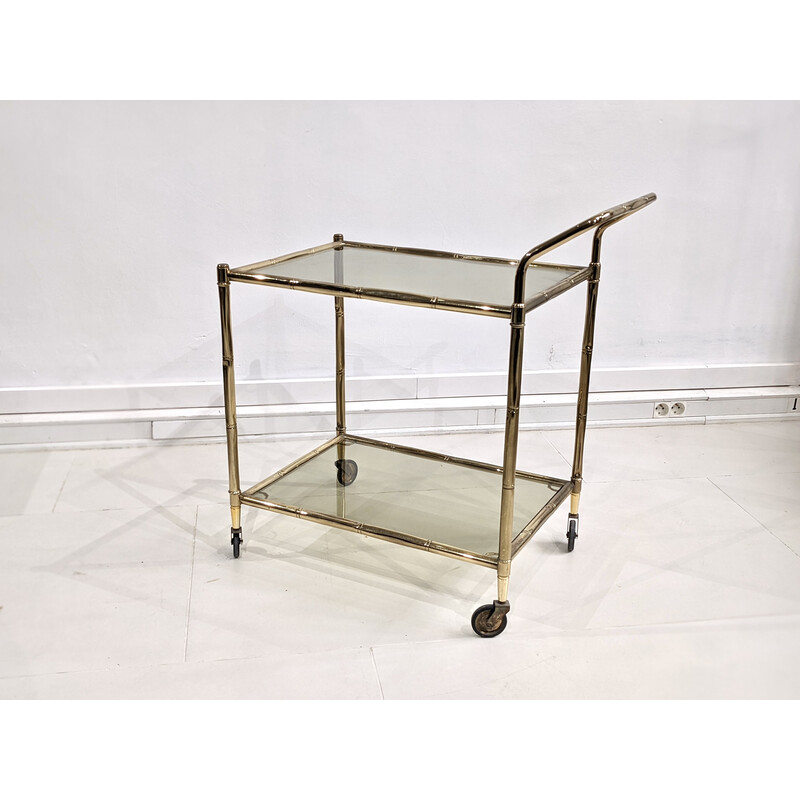 "Faux bamboo" vintage serving table in gold metal with stained glass trays