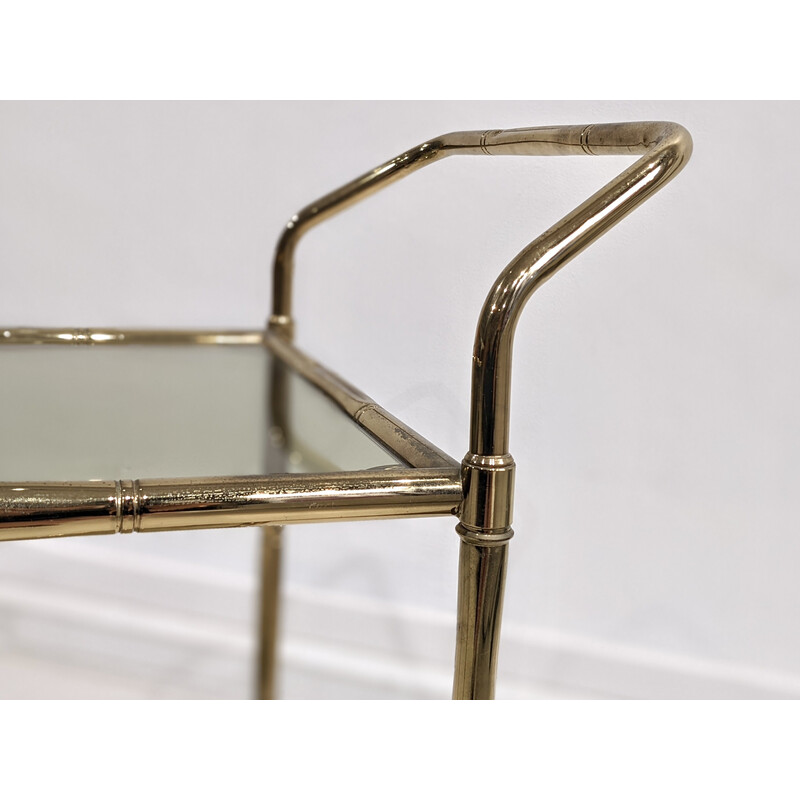 "Faux bamboo" vintage serving table in gold metal with stained glass trays