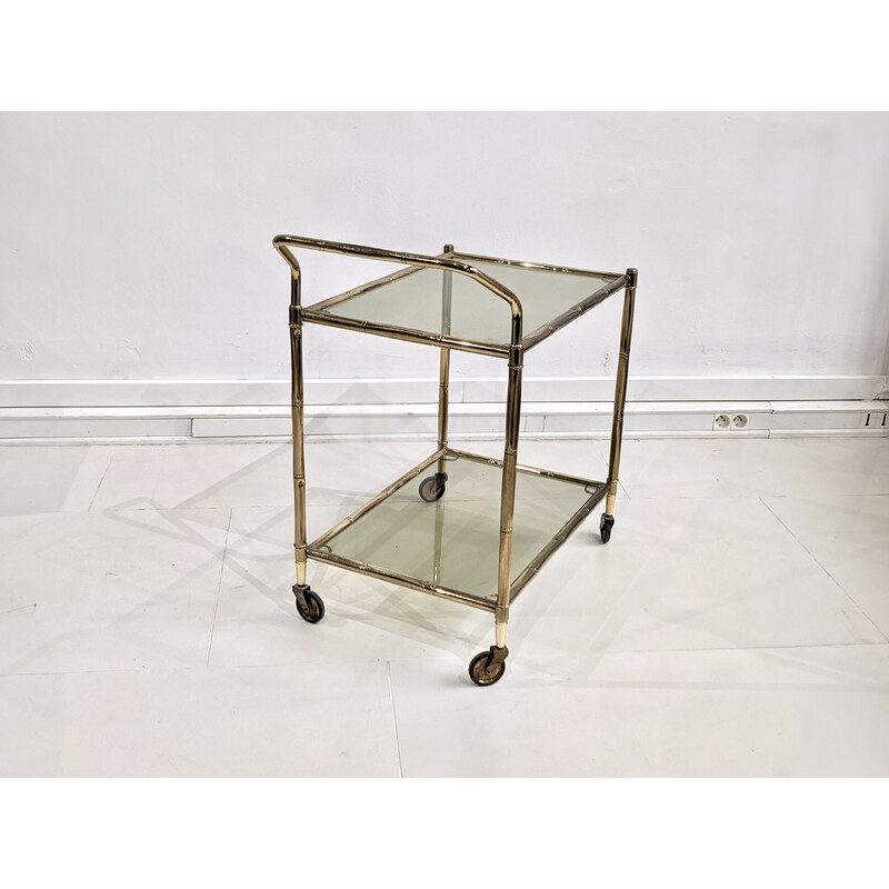 "Faux bamboo" vintage serving table in gold metal with stained glass trays
