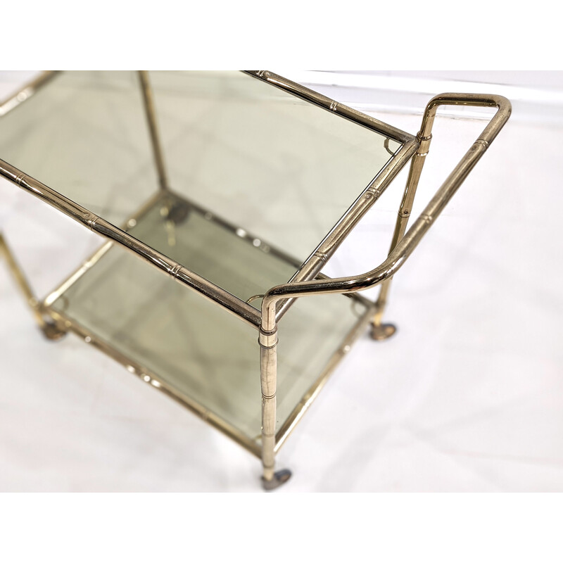 "Faux bamboo" vintage serving table in gold metal with stained glass trays