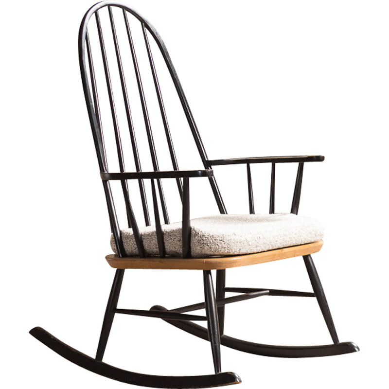 Vintage zwarte schommelstoel met stoffen bekleding