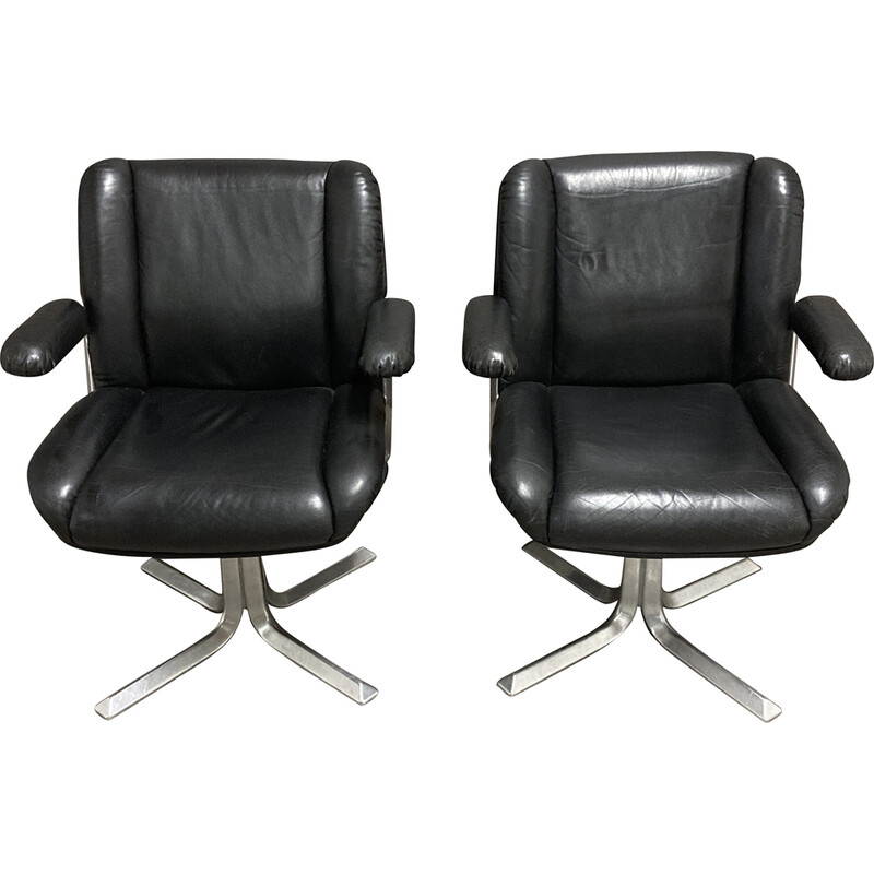 Vintage black leather and aluminum armchair, 1960s