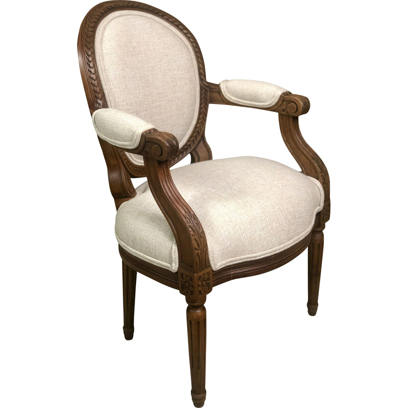 Vintage notenhouten fauteuil met beige bekleding
