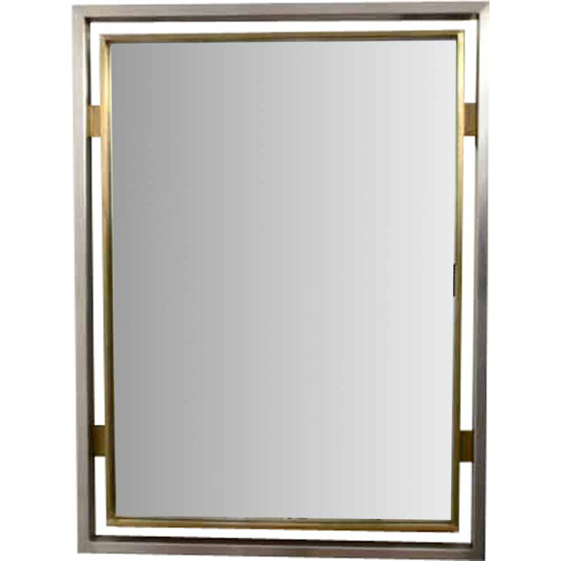 Specchio vintage in metallo spazzolato e ottone di Guy Lefevre per Jansen