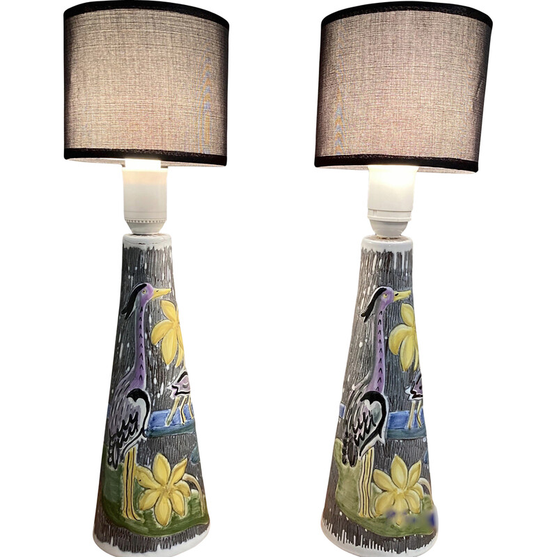 Geweldig weduwnaar lepel Paar vintage lampen van keramiek en stof, 1960