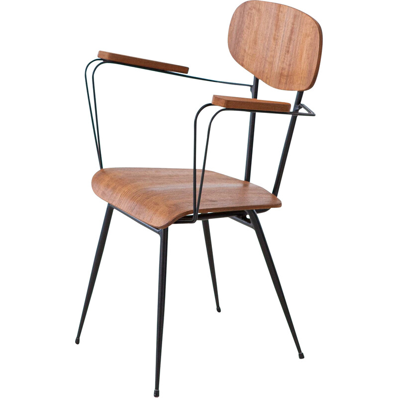 Italian vintage desk armchair in teak and black iron, 1950s