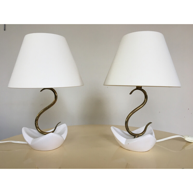 Pair of French table lamps in ceramic and brass - 1950s