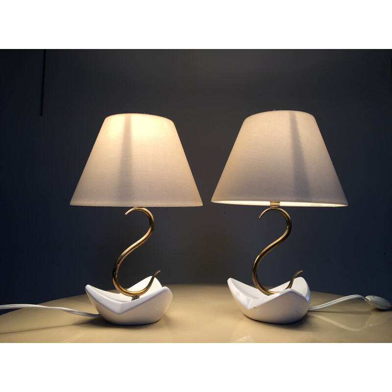 Pair of French table lamps in ceramic and brass - 1950s