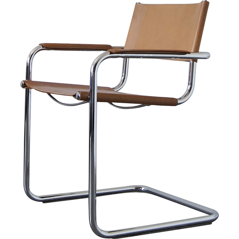 Italian vintage Bauhaus chair with steel tubes and patinated leather