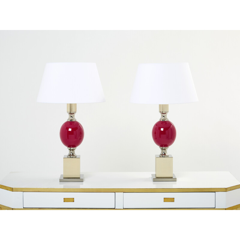 Pair of vinage lamps in ceramic, chrome and brass by Philippe Barbier, 1970