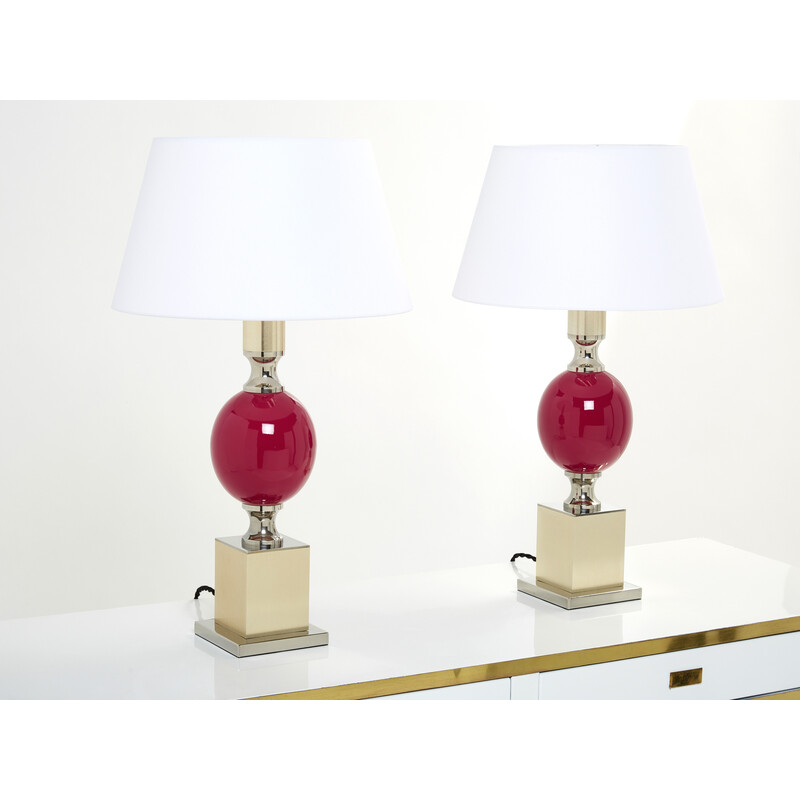 Pair of vinage lamps in ceramic, chrome and brass by Philippe Barbier, 1970